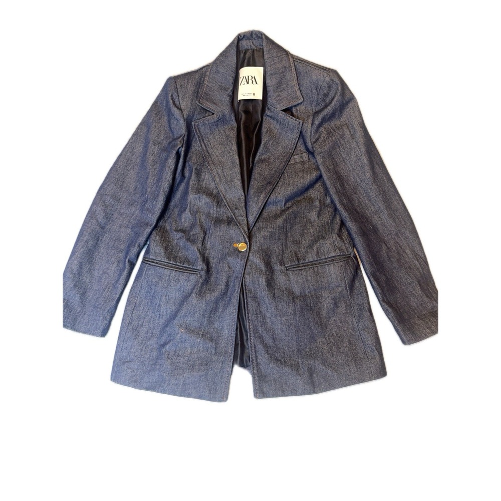 Zara Indigo Denim Blazer Shoulder Pads Size S Bnwt - Picture 2 of 8
